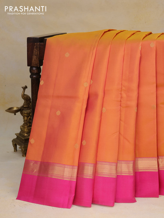 Pure kanchipuram silk saree dual shade of mustard and pink with zari woven buttas and zari woven simple border