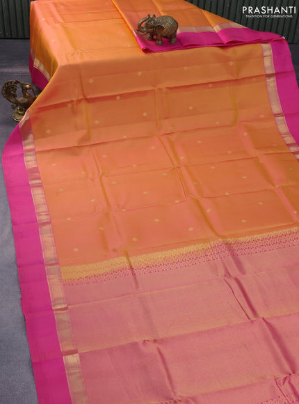 Pure kanchipuram silk saree dual shade of mustard and pink with zari woven buttas and zari woven simple border