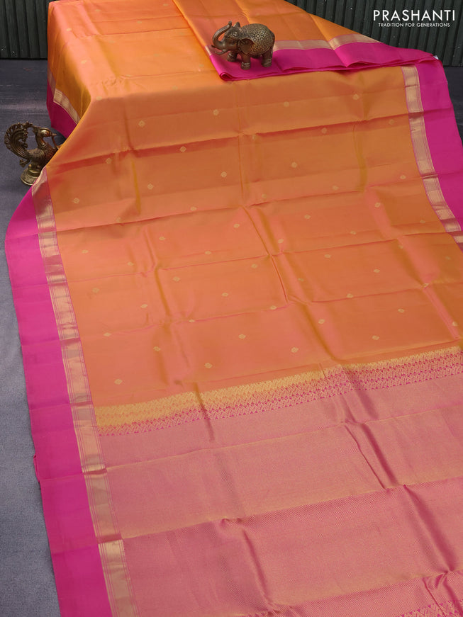 Pure kanchipuram silk saree dual shade of mustard and pink with zari woven buttas and zari woven simple border