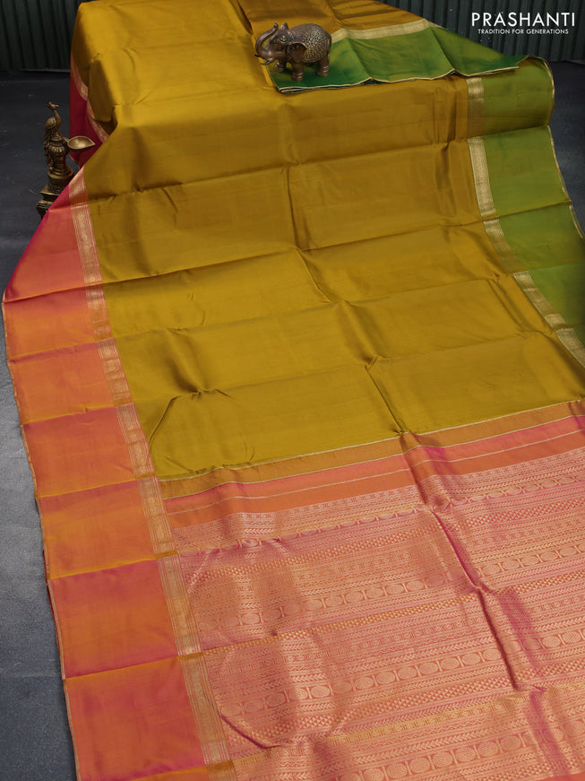 Pure kanchipuram silk saree dark mustard with plain body and ganga jamun aborder