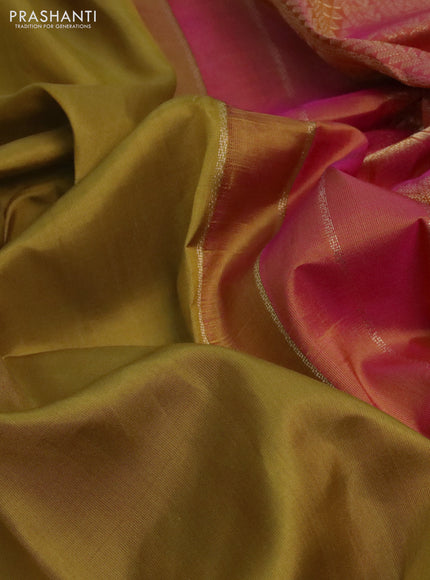 Pure kanchipuram silk saree dark mustard with plain body and ganga jamun aborder