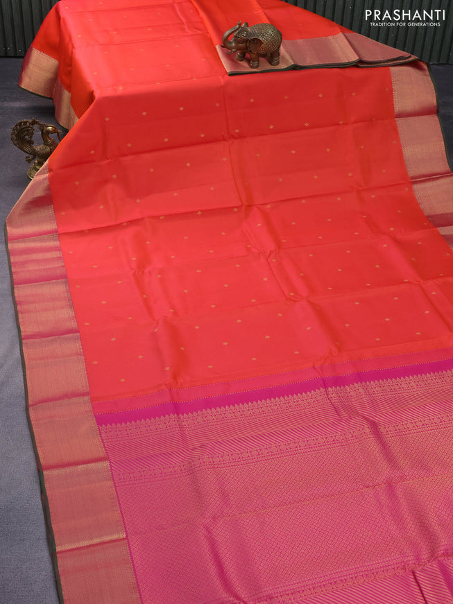 Pure kanchipuram silk saree orange and dual shade of pink with zari woven buttas and rich zari woven border