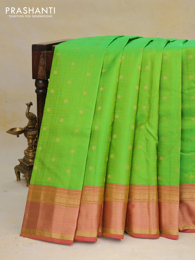 Pure kanchipuram silk saree light green and dual shade of pink with allover self emboss & zari buttas and rich zari woven border