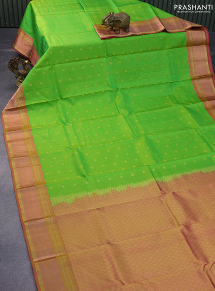 Pure kanchipuram silk saree light green and dual shade of pink with allover self emboss & zari buttas and rich zari woven border