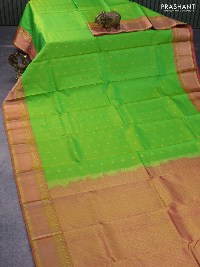 Pure kanchipuram silk saree light green and dual shade of pink with allover self emboss & zari buttas and rich zari woven border