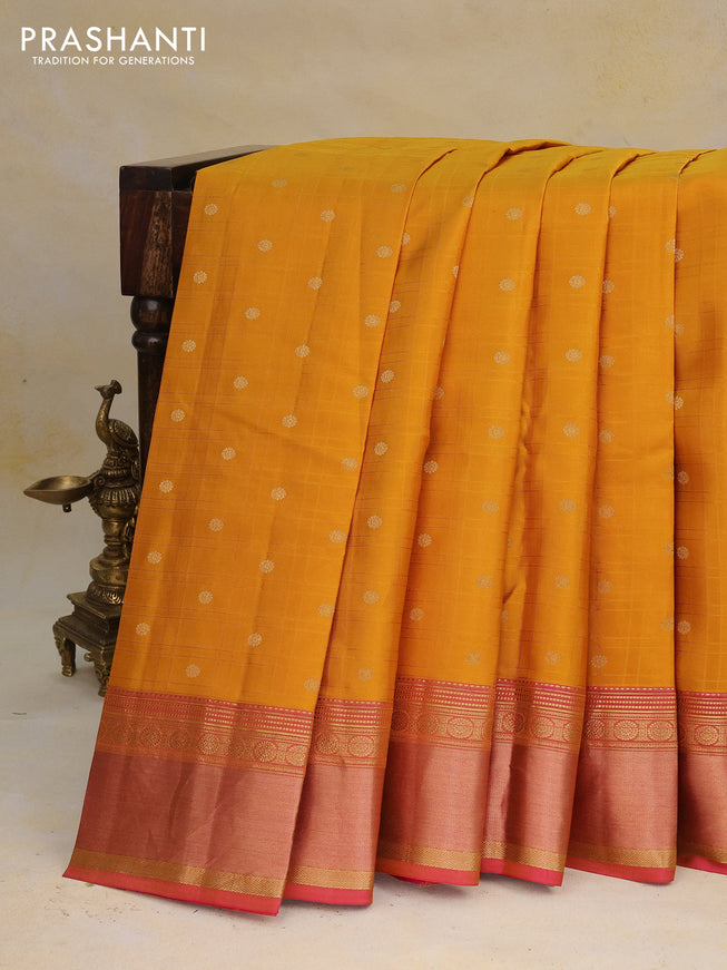 Pure kanchipuram silk saree mustard yellow and dual shade of pink with allover self emboss & zari buttas and rich zari woven border