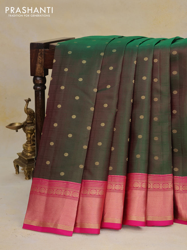 Pure kanchipuram silk saree dual shade of bottle green and pink with allover self emboss & zari buttas and rich zari woven border