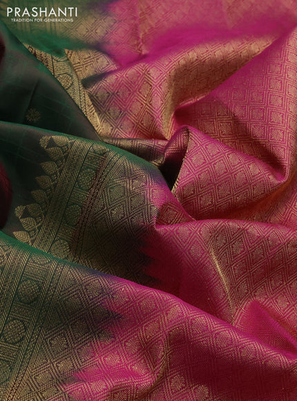 Pure kanchipuram silk saree dual shade of bottle green and pink with allover self emboss & zari buttas and rich zari woven border