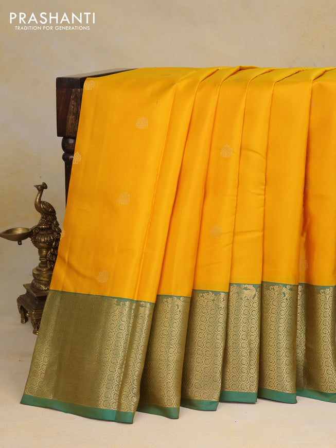 Pure kanchipuram silk saree mango yellow and teal green with zari woven buttas and zari woven border