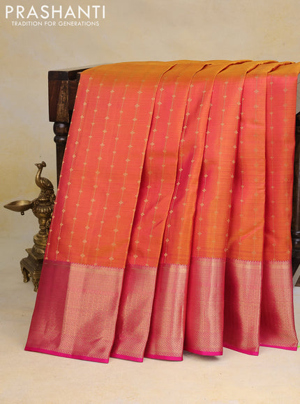 Pure kanchipuram silk saree dual shade of mustard and pink with allover zari weaves and zari woven border