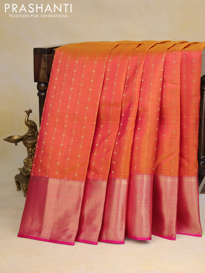 Pure kanchipuram silk saree dual shade of mustard and pink with allover zari weaves and zari woven border