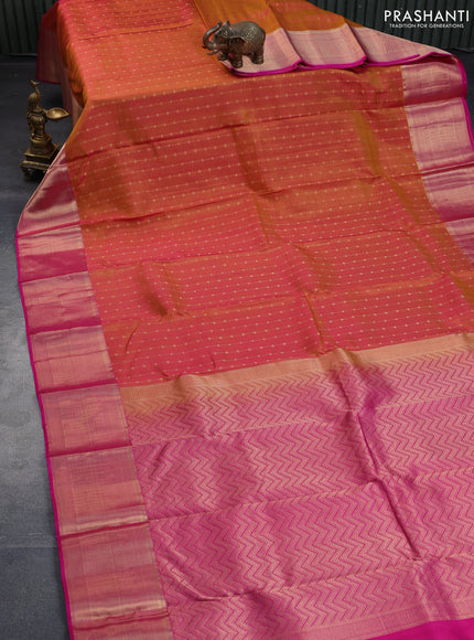 Pure kanchipuram silk saree dual shade of mustard and pink with allover zari weaves and zari woven border