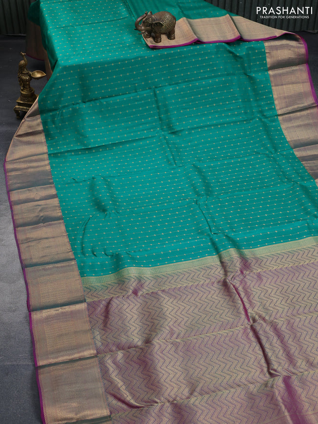 Pure kanchipuram silk saree green and pink with allover zari weaves and zari woven border