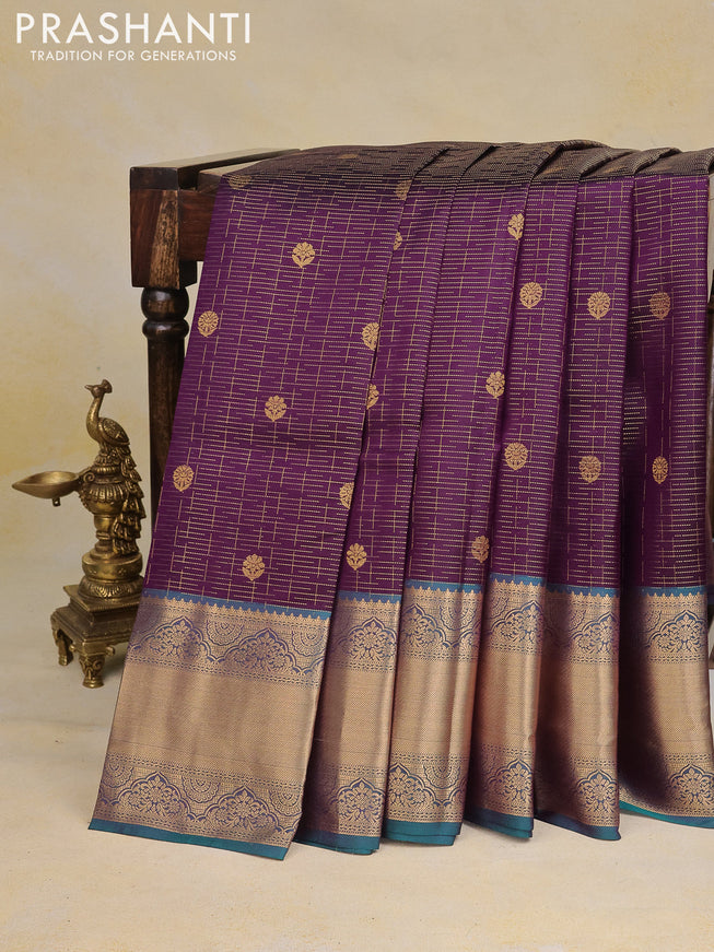 Pure kanchipuram silk saree deep violet and dual shade of peacock green with allover zari weaves & buttas and long zari woven border