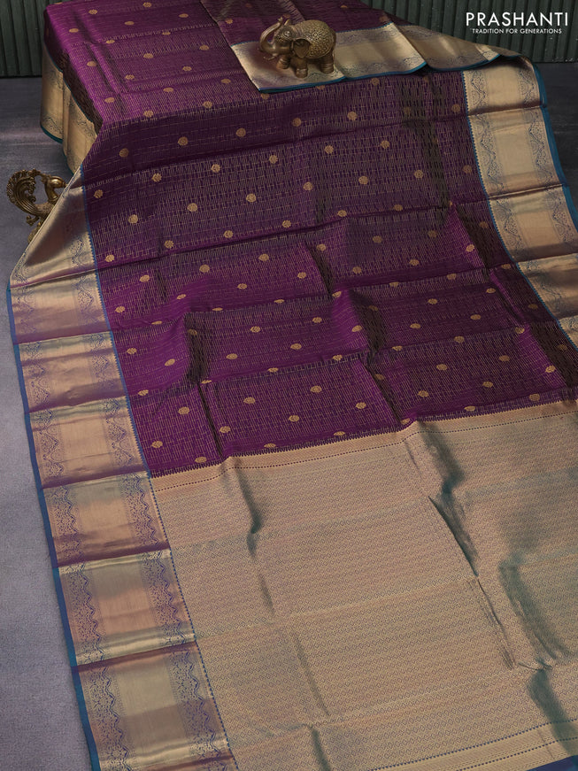 Pure kanchipuram silk saree deep violet and dual shade of peacock green with allover zari weaves & buttas and long zari woven border