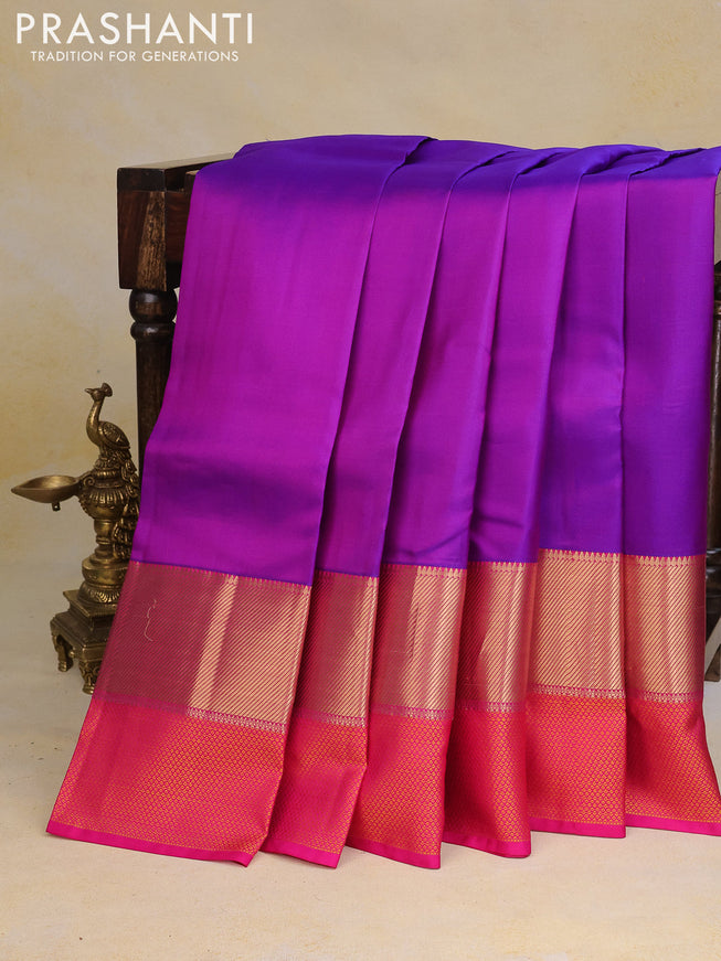 Pure kanchipuram silk saree dual shade of purple and pink with plain body and thread & zari woven border