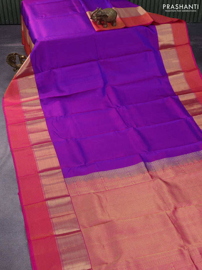 Pure kanchipuram silk saree dual shade of purple and pink with plain body and thread & zari woven border