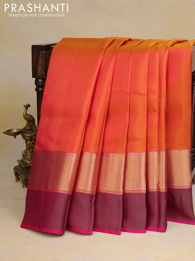 Pure kanchipuram silk saree dual shade of mustard and pink with plain body and thread & zari woven border