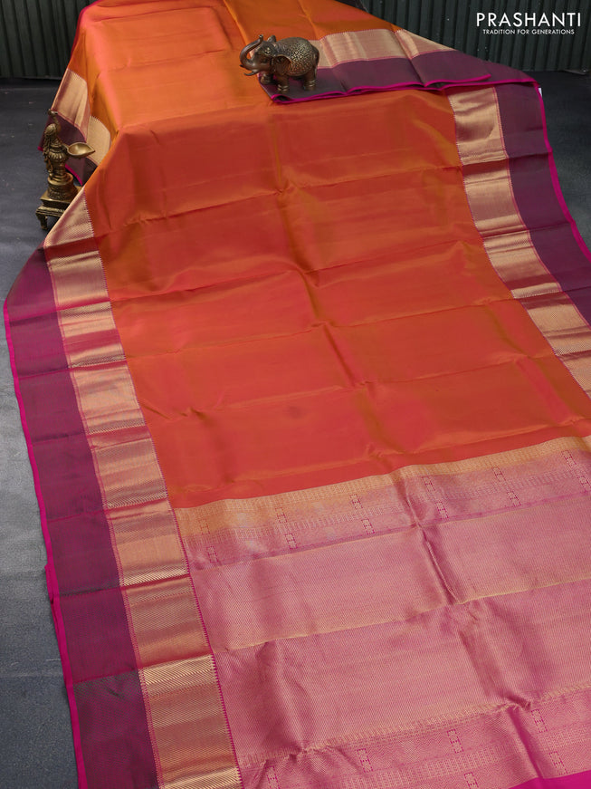 Pure kanchipuram silk saree dual shade of mustard and pink with plain body and thread & zari woven border