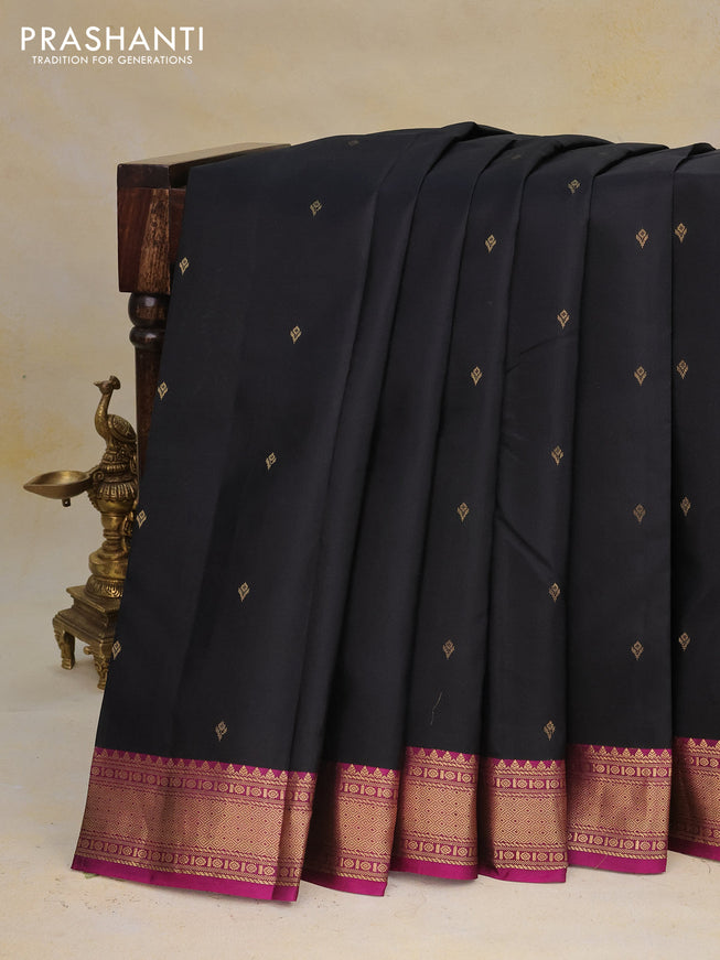 Pure kanchipuram silk saree black and purple with zari woven buttas and zari woven border