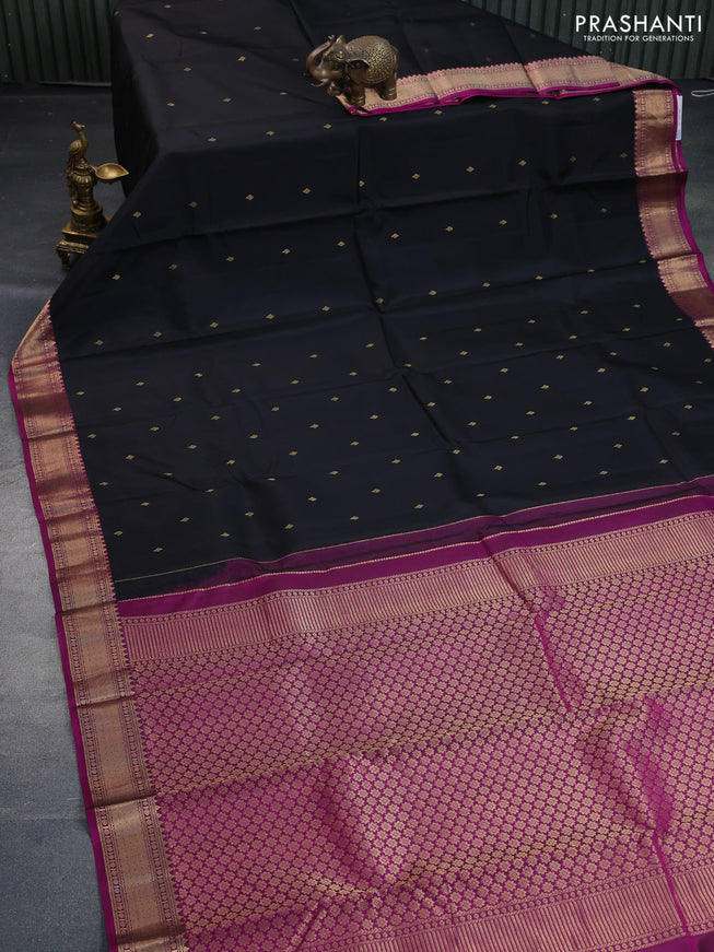 Pure kanchipuram silk saree black and purple with zari woven buttas and zari woven border