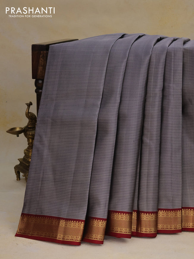 Pure kanchipuram silk saree grey and maroon with allover stripe pattern and zari woven border