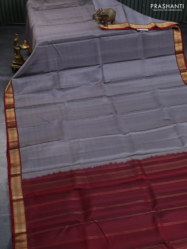 Pure kanchipuram silk saree grey and maroon with allover stripe pattern and zari woven border