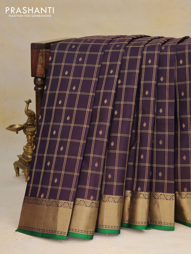 Pure kanchipuram silk saree deep jamun and green with allover zari checks & buttas and zari woven border