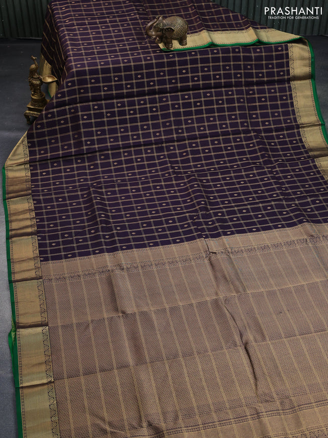 Pure kanchipuram silk saree deep jamun and green with allover zari checks & buttas and zari woven border