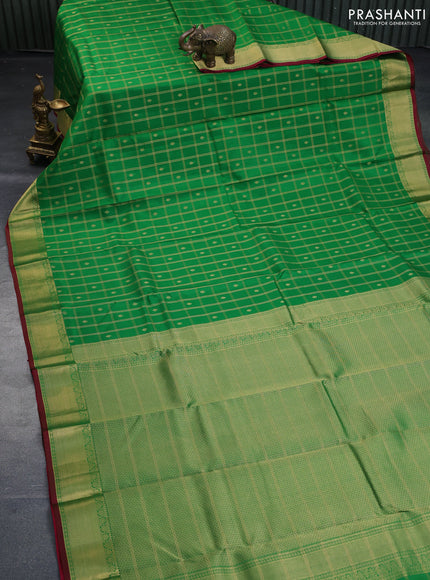 Pure kanchipuram silk saree green and maroon with allover zari checks & buttas and zari woven border