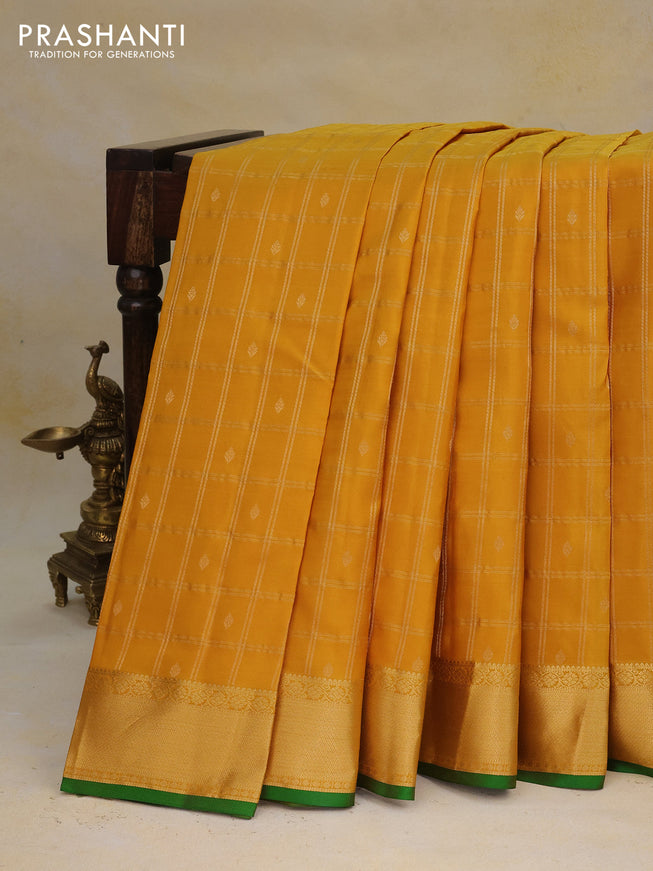 Pure kanchipuram silk saree yellow and green with allover zari checks & buttas and zari woven border