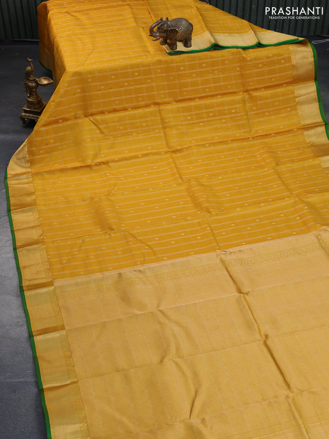 Pure kanchipuram silk saree yellow and green with allover zari checks & buttas and zari woven border