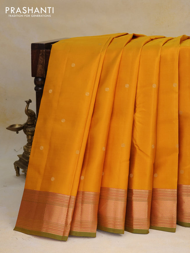 Pure kanchipuram silk saree mustard yellow and green with zari woven buttas and zari woven border