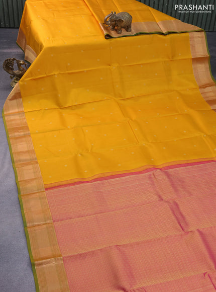 Pure kanchipuram silk saree mustard yellow and green with zari woven buttas and zari woven border