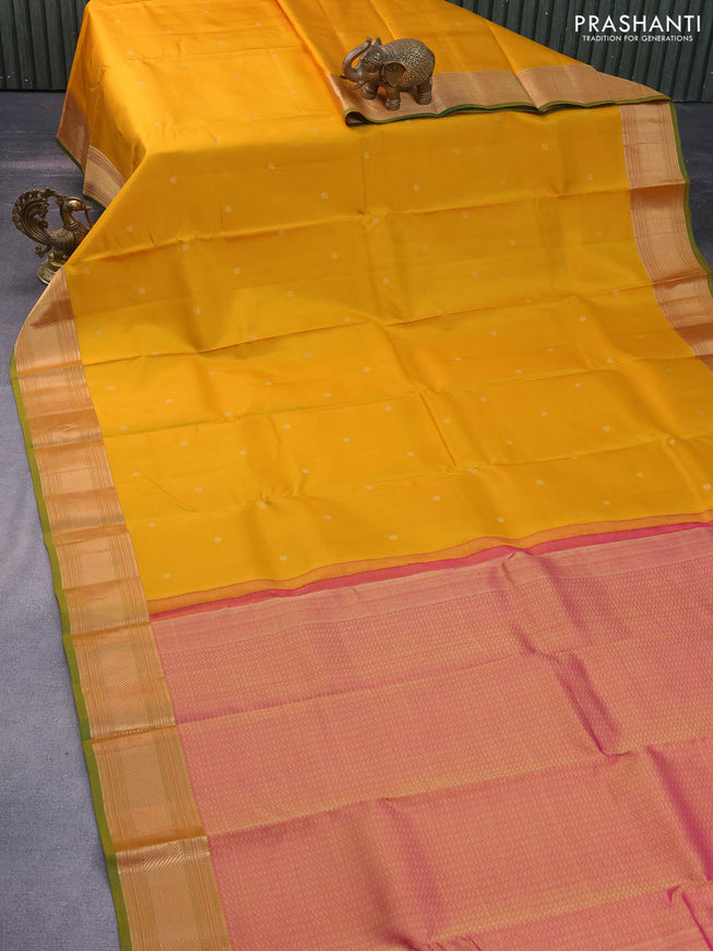 Pure kanchipuram silk saree mustard yellow and green with zari woven buttas and zari woven border