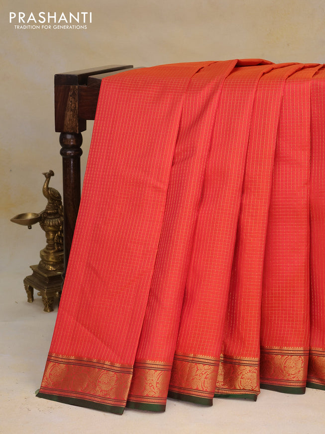 Pure kanchipuram silk saree orange and green with allover small zari checked pattern and zari woven border