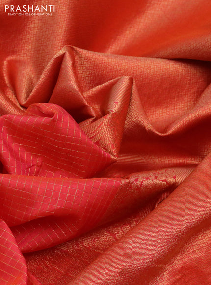 Pure kanchipuram silk saree orange and green with allover small zari checked pattern and zari woven border