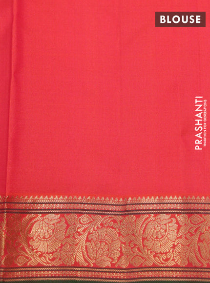 Pure kanchipuram silk saree orange and green with allover small zari checked pattern and zari woven border