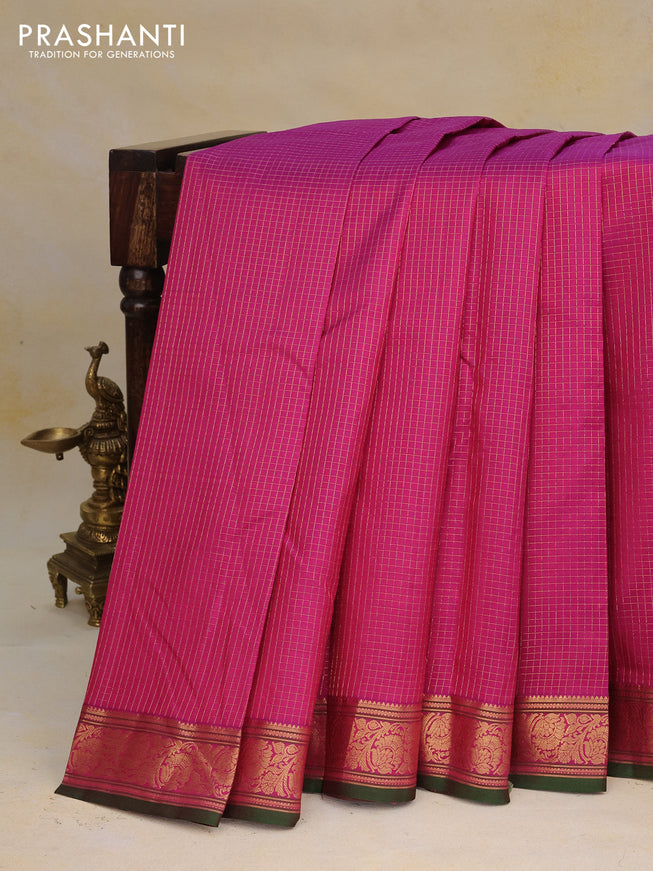 Pure kanchipuram silk saree purple and green with allover small zari checked pattern and zari woven border