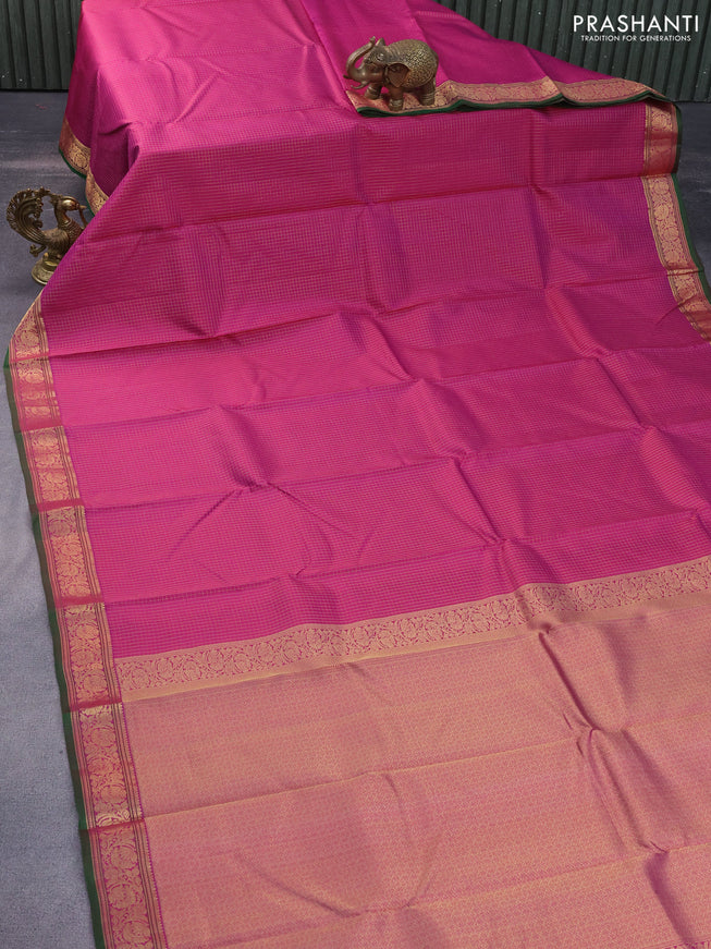 Pure kanchipuram silk saree purple and green with allover small zari checked pattern and zari woven border