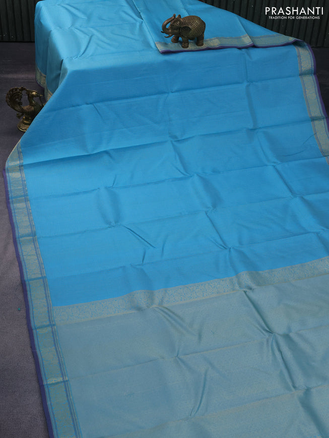 Pure kanchipuram silk saree light blue with allover small zari checked pattern and zari woven border