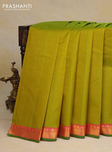 Pure kanchipuram silk saree lime green and pink with plain body and zari woven border