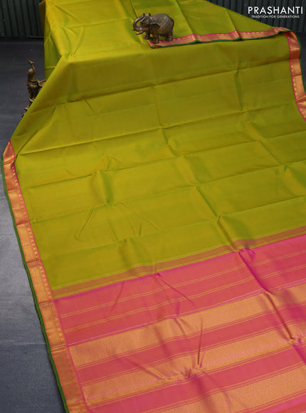 Pure kanchipuram silk saree lime green and pink with plain body and zari woven border