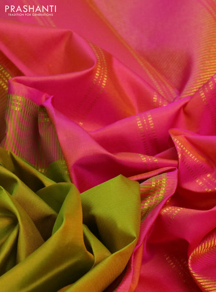 Pure kanchipuram silk saree lime green and pink with plain body and zari woven border