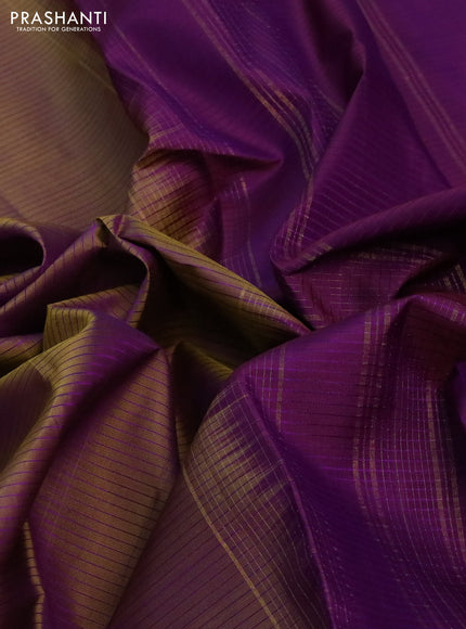 Pure kanchipuram silk saree dual shade of sap green and purple with allover stripes pattern and zari woven border