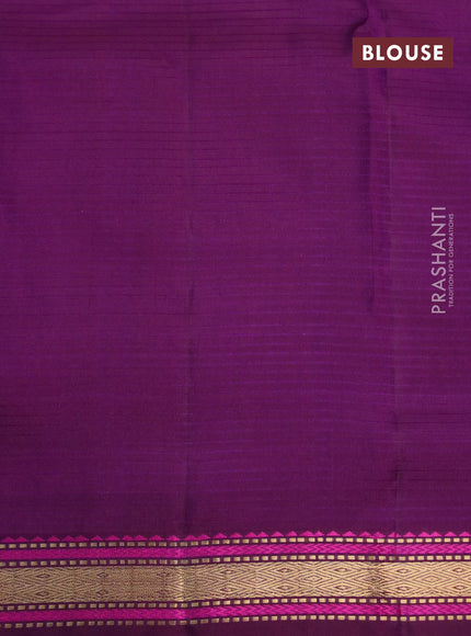 Pure kanchipuram silk saree dual shade of sap green and purple with allover stripes pattern and zari woven border