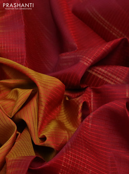 Pure kanchipuram silk saree dual shade of mustard and maroon with allover stripes pattern and zari woven border