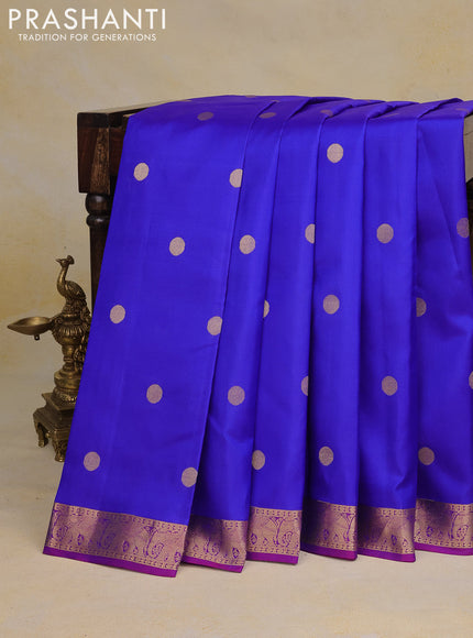 Pure kanchipuram silk saree royal blue and dual shade of purple with zari woven buttas and rich zari woven border