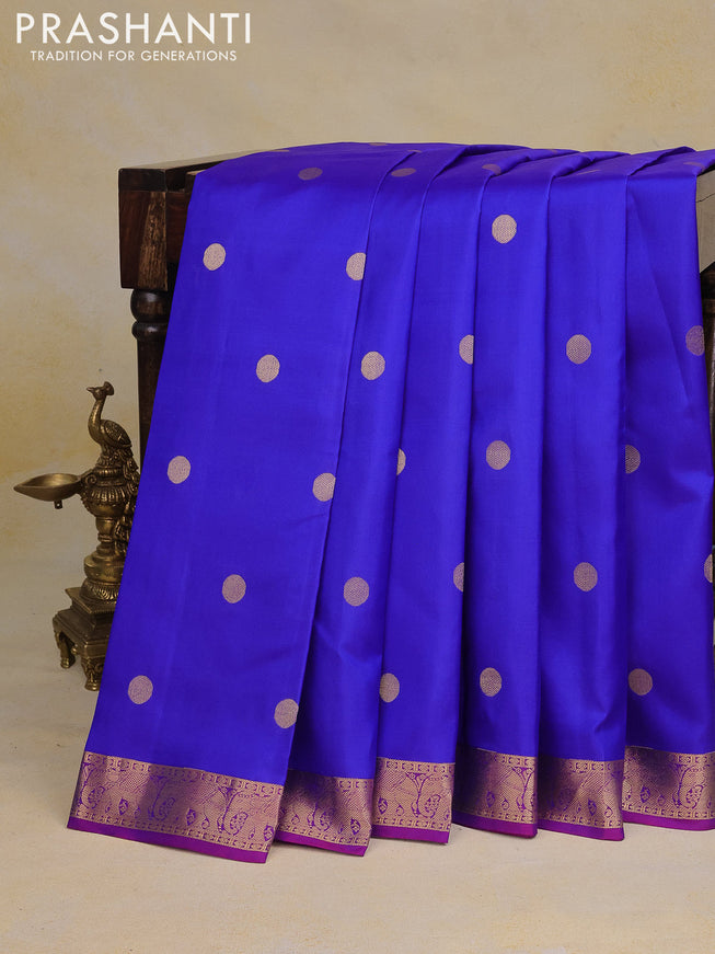 Pure kanchipuram silk saree royal blue and dual shade of purple with zari woven buttas and rich zari woven border