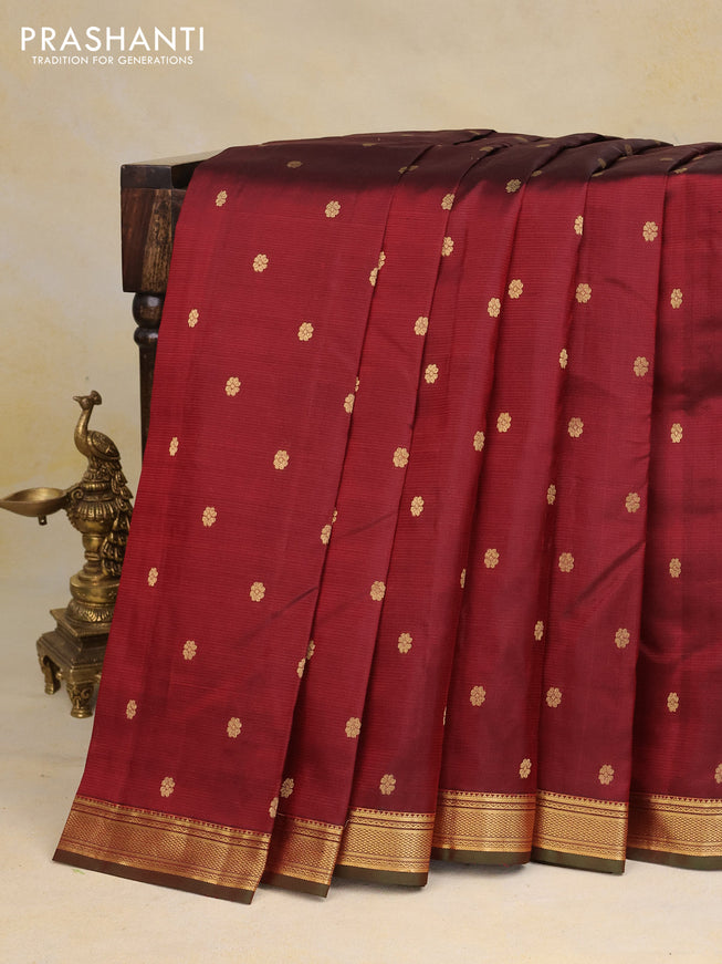 Pure kanchipuram silk saree deep maroon and dual shade of green with zari woven buttas and zari woven border